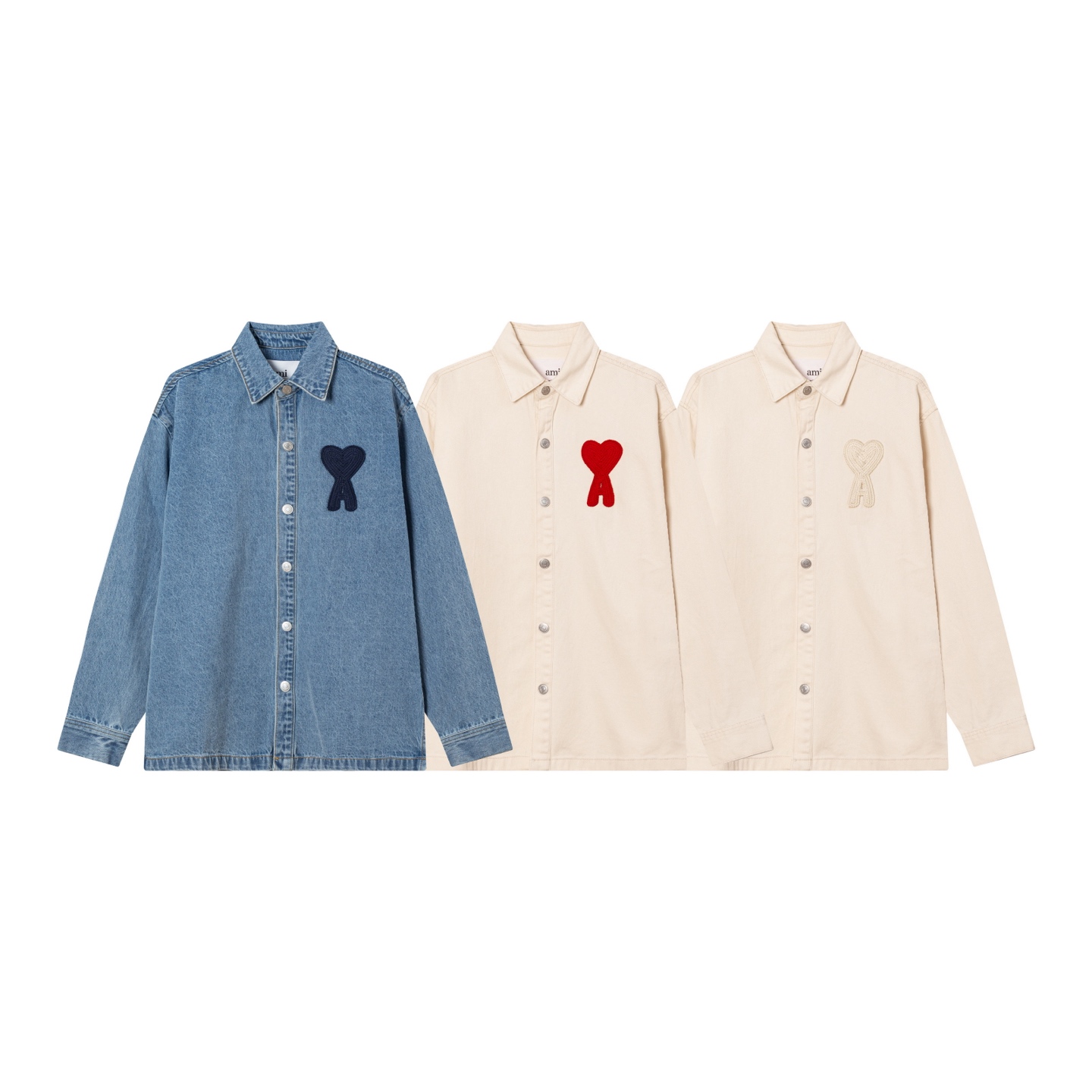 2288# AMI PARIS 25秋冬新品编织爱心刺绣长袖牛仔宽松休闲翻领外套 钮扣饰有LOGO YP复刻 男女可穿 落肩长款 颜色:杏色 杏红心 牛仔篮 码数：S-XL P135