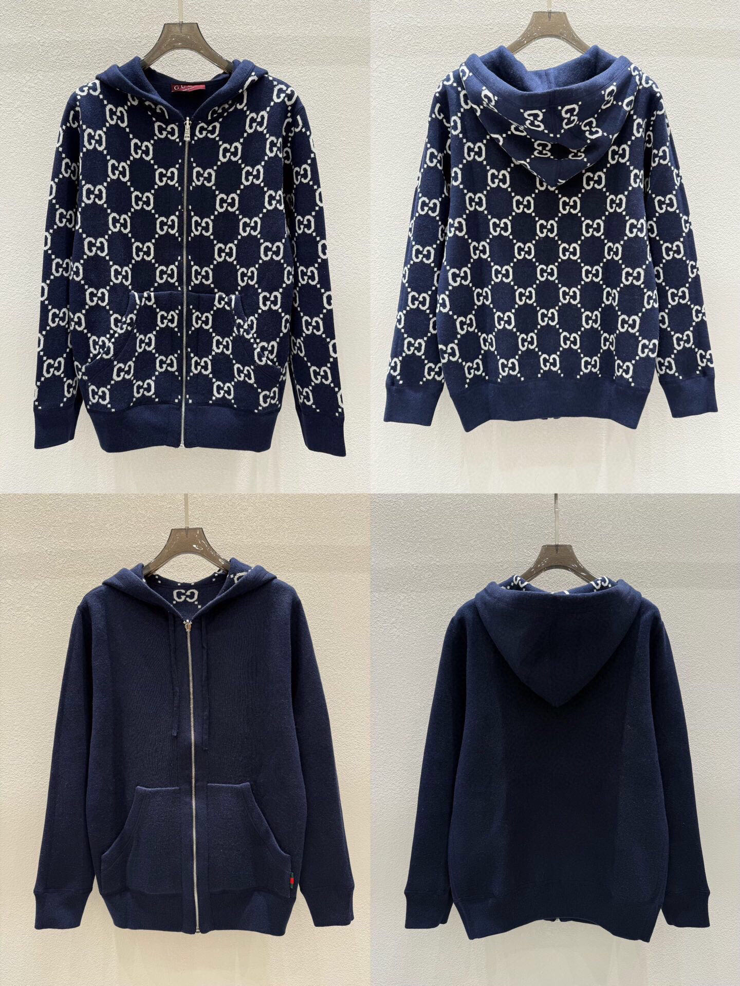 💰285(ZP版本) 双面🉑️穿 -Gucci经典款 双面可穿不同风格👍双C提花羊绒混纺连帽毛衣外套 男女同款 -采用ZP定制定染羊绒毛线98%羊绒成分面料 螺纹同缸定染零色差 全套辅料定制 区别市面通货 欢迎对比 -颜色 灰色 宝蓝色 -码数 S M L XL