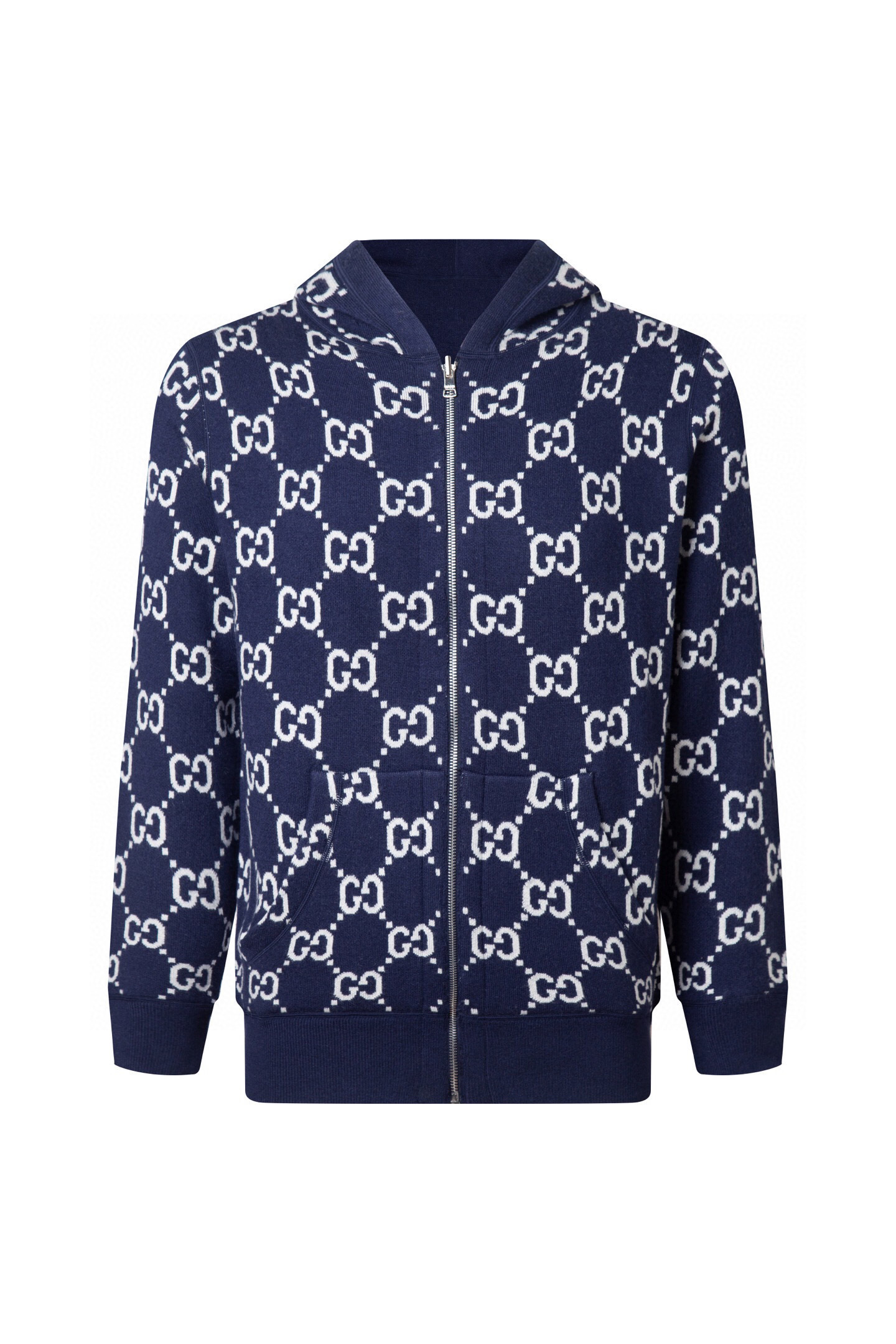 💰285(ZP版本) 双面🉑️穿 -Gucci经典款 双面可穿不同风格👍双C提花羊绒混纺连帽毛衣外套 男女同款 -采用ZP定制定染羊绒毛线98%羊绒成分面料 螺纹同缸定染零色差 全套辅料定制 区别市面通货 欢迎对比 -颜色 灰色 宝蓝色 -码数 S M L XL