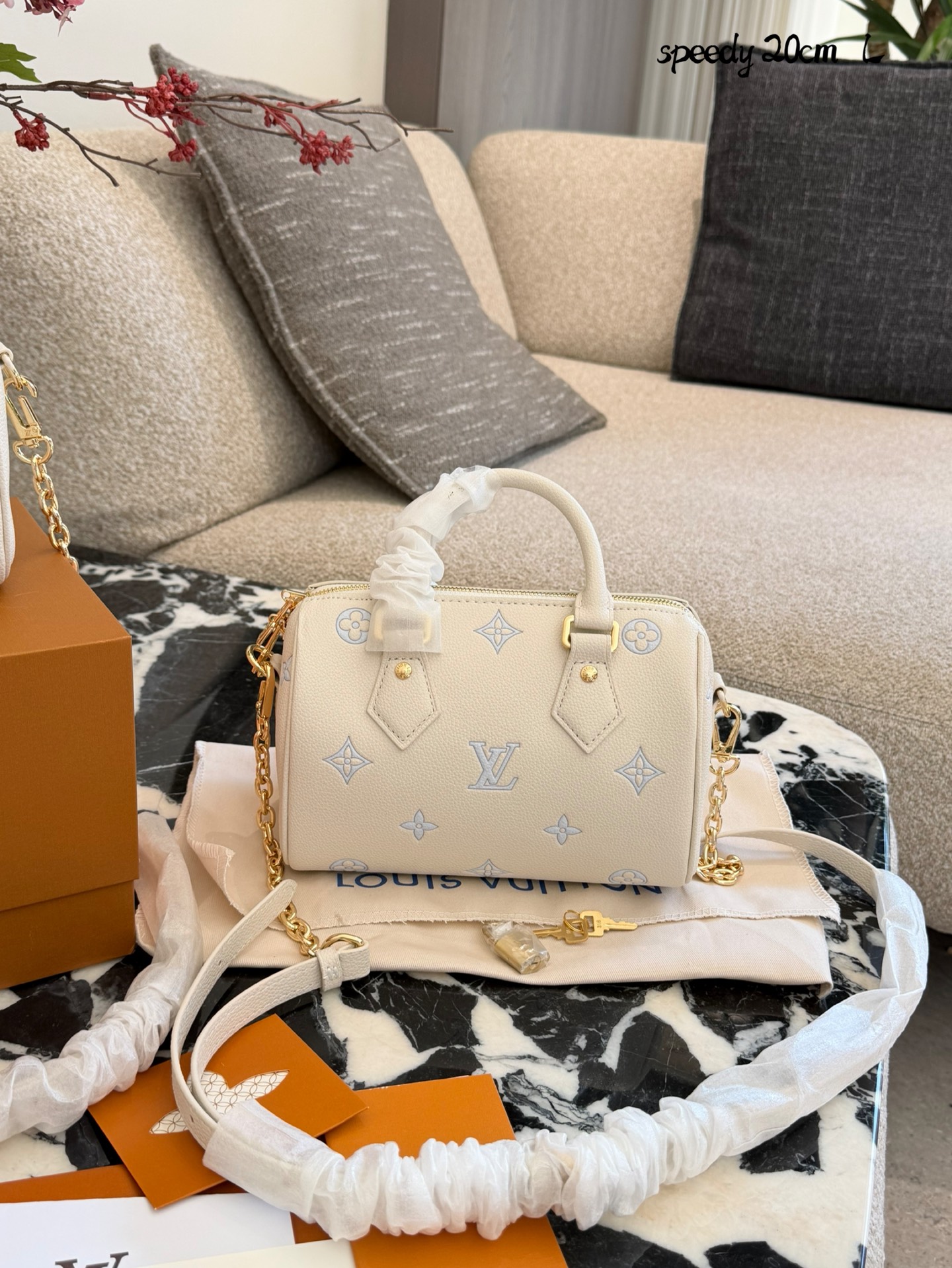 LV Speedy 20手袋p180 LV Speedy 20手袋,白色粒面牛皮+浅绿Monogram刺绣,清新优雅超有辨识度!金属锁扣+链条肩带,手提斜挎都OK,日常通勤、休闲出街都能轻松驾驭汁。内部空间合理,手机钱包都能装,实用又时髦,是LV经典系列的热门款,时尚感满分!