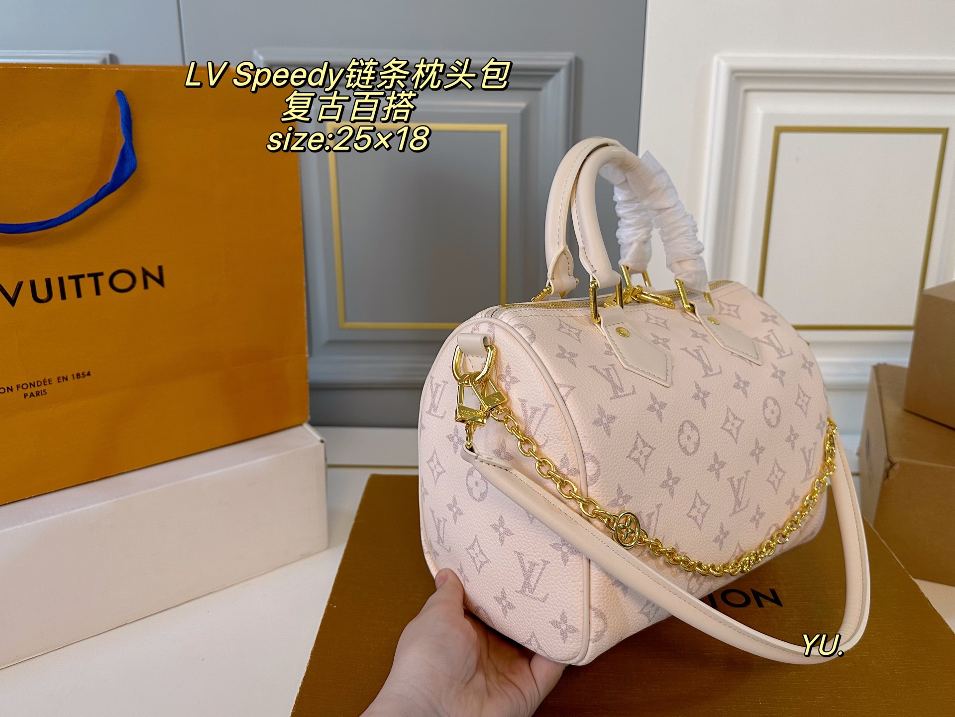P160（无盒） size：25&times;18 LV 路易威登speedy bandoulelere枕头包💕 经典重现，轻便又时尚～ 手提➕链条⛓️设计，又酷又帅 浓浓复古风，时尚百搭，超级实用❗️
