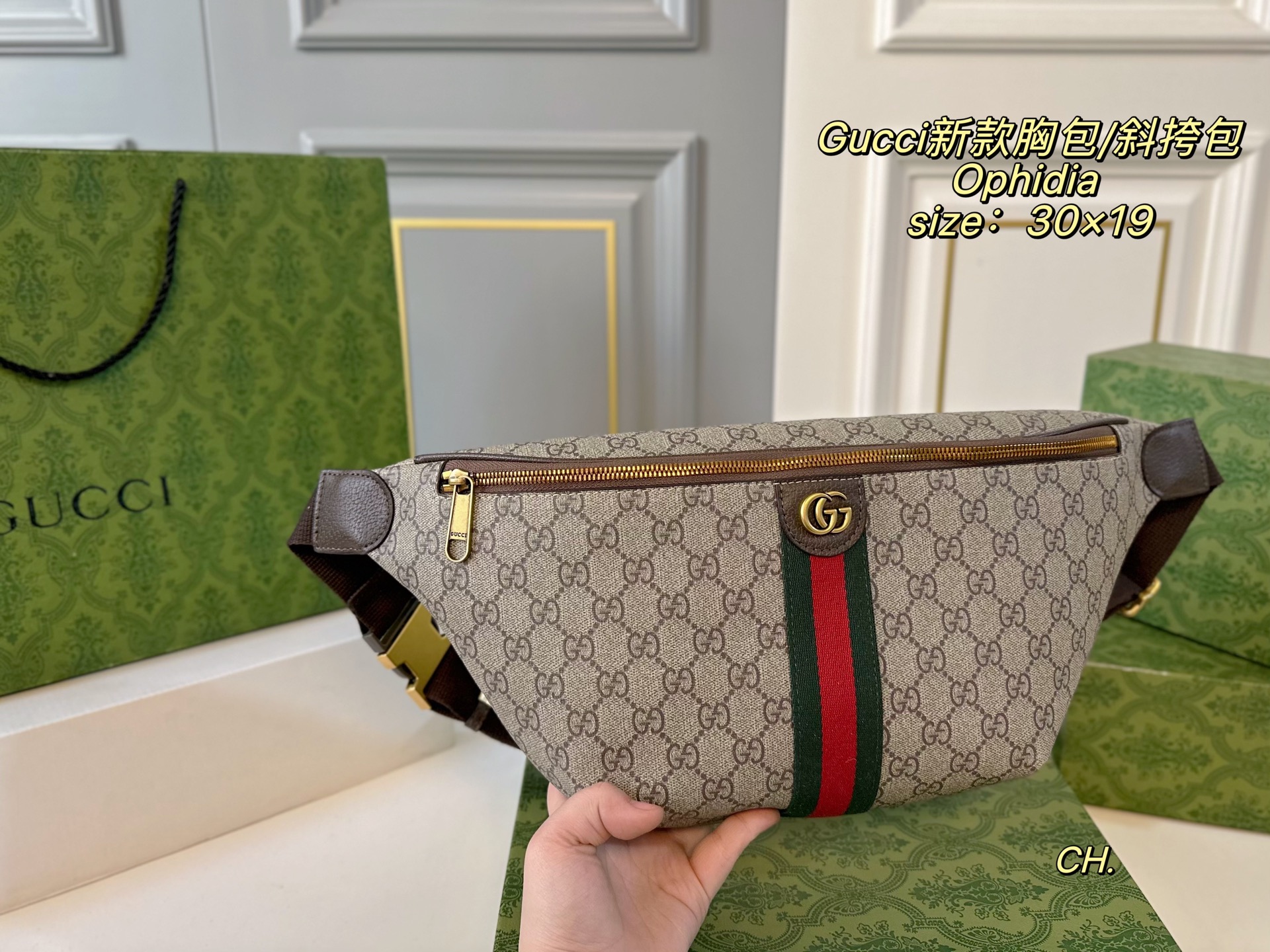 P120（配盒） size：30&times;19 Gucci 古驰新款Ophidia 胸包/斜挎包💕 腰包设计不仅实用, 还增强了整体设计感！ 日常搭配不同衣着都可以， 男女通用，上身造型感很赞！