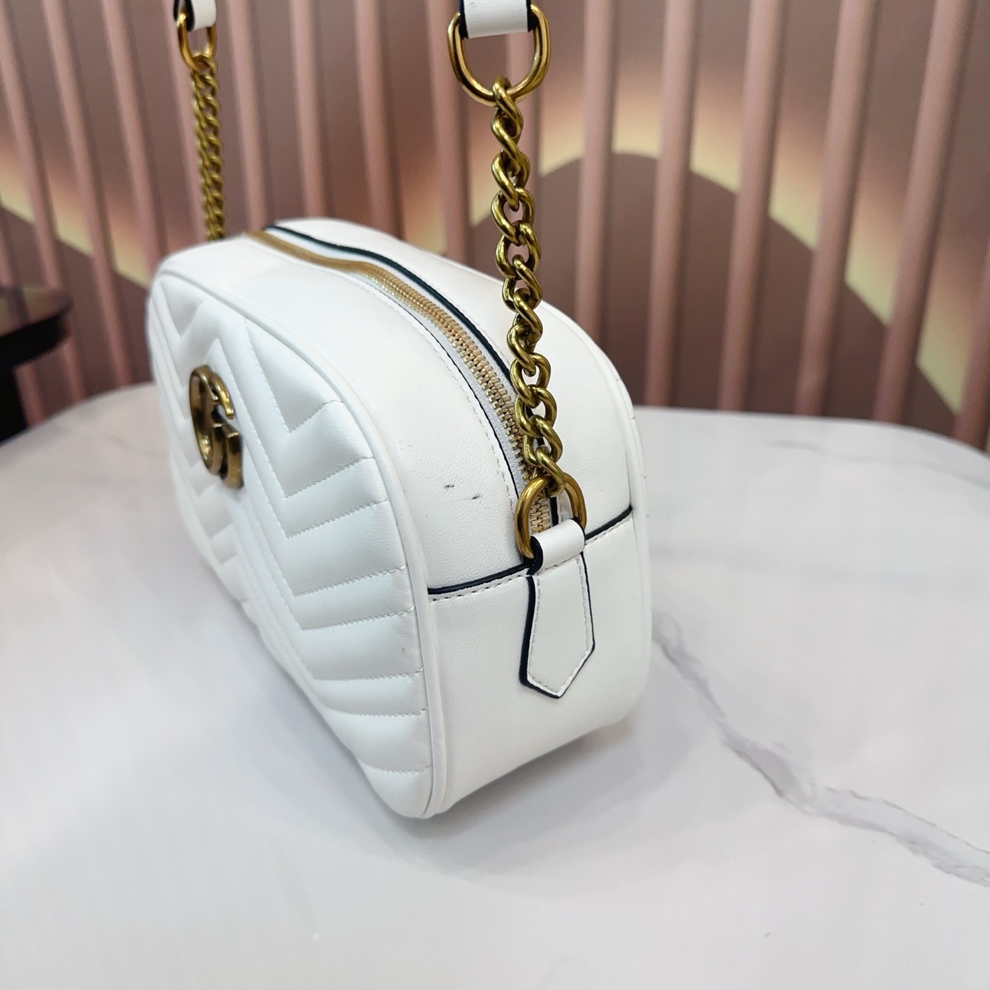 p100 配折叠盒 酷奇Guccimarmont经典款黑色双G相机包全皮波浪纹腰包单肩包斜挎包拉链包！ 尺寸24.14cm。q