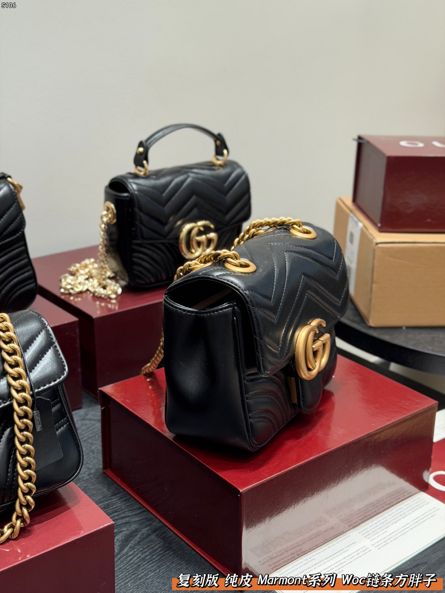 P160 全套礼盒 复刻版 纯皮！ size: 18.17cm Gucci 新款 marmont woc 链条方胖子马蒙包链条包 波浪纹绗缝 好经典‼️ 质量很好 性价比高 宝宝们 绝对绝对的下一个爆款✔️