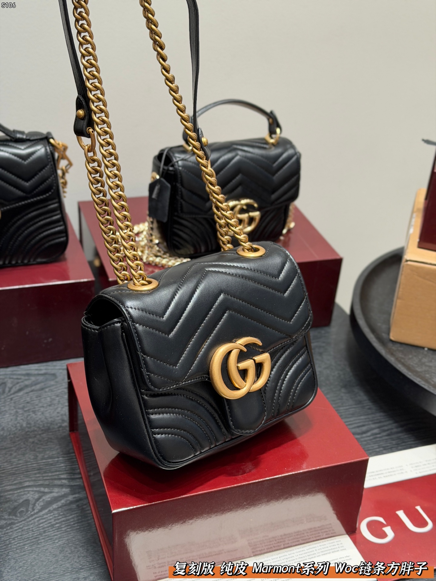 P160 全套礼盒 复刻版 纯皮！ size: 18.17cm Gucci 新款 marmont woc 链条方胖子马蒙包链条包 波浪纹绗缝 好经典‼️ 质量很好 性价比高 宝宝们 绝对绝对的下一个爆款✔️