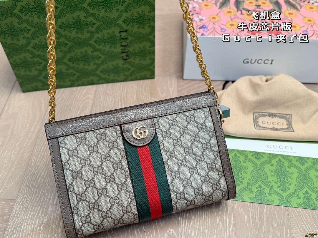 &yen;160飞机盒芯片版牛皮 原单专柜品质 夹子包 ｜Gucci Ophidia 夹子包 最新系列，链条包，配原版乌木色牛皮～这个款复古韵味特别浓，对版链条⛓，原版内里！上身效果也超赞，主要以精致特别的五金来提升整体质感。尺寸：26 17