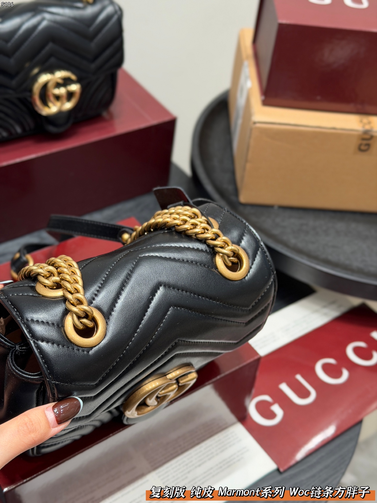 P160 全套礼盒 复刻版 纯皮！ size: 18.17cm Gucci 新款 marmont woc 链条方胖子马蒙包链条包 波浪纹绗缝 好经典‼️ 质量很好 性价比高 宝宝们 绝对绝对的下一个爆款✔️