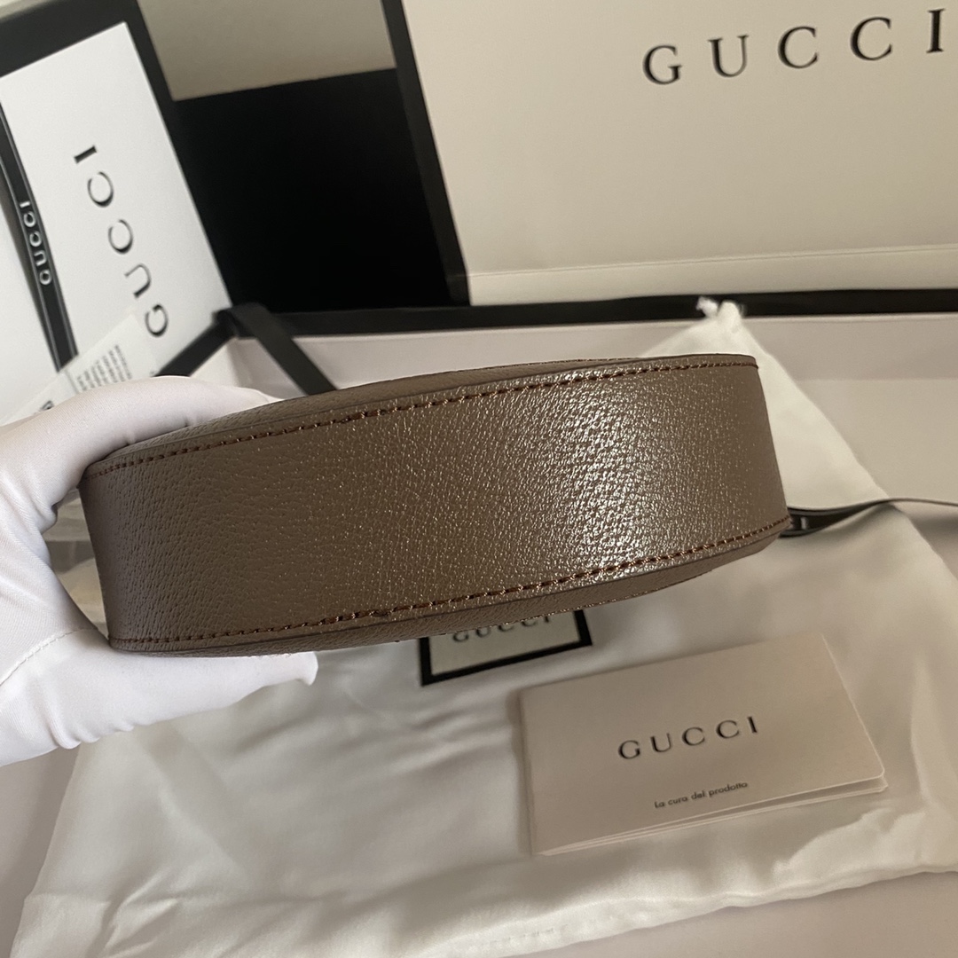 实拍#💰160 型号：550618咖 尺寸：18*18*4.5 GG Ophidia 系列圆饼好可爱 圆圆造型➕红绿织带！小巧玲珑 可以装的下plus的包包💕 此款肩带为链条配皮