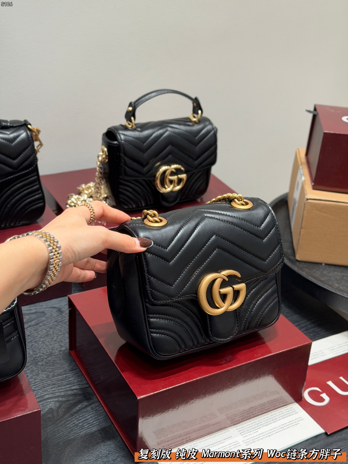 P160 全套礼盒 复刻版 纯皮！ size: 18.17cm Gucci 新款 marmont woc 链条方胖子马蒙包链条包 波浪纹绗缝 好经典‼️ 质量很好 性价比高 宝宝们 绝对绝对的下一个爆款✔️