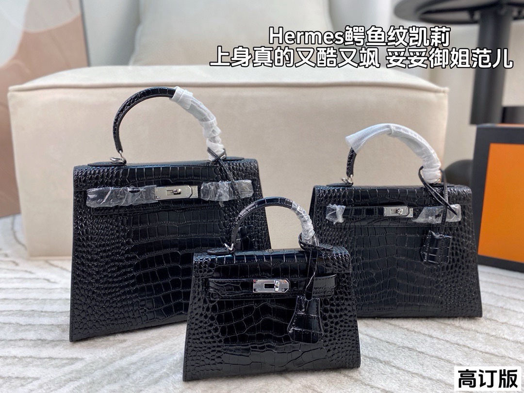 p260/p240/p180 全套包装🎁(高订版) 爱马仕Hermes Kelly 黑银亮面鳄鱼皮 妥妥的御姐范儿 上身真的是又酷又飒 我想没有御姐能拒绝这样一只kelly吧! 尺寸:28*22/25*17/19*13(纯皮)