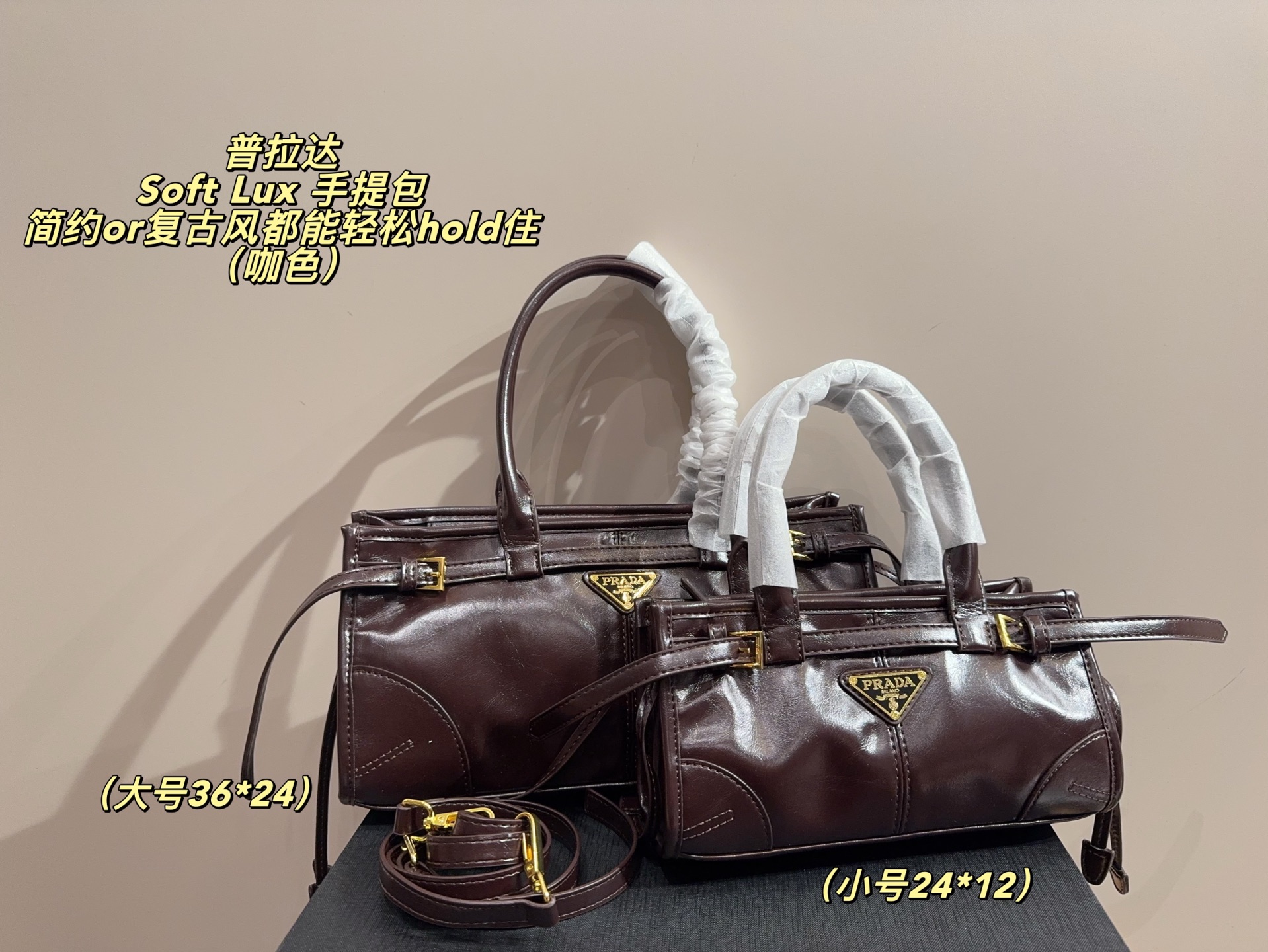 大号P165无盒⚠️尺寸32*14 小号P160无盒⚠️尺寸24*12 Prada 普拉达Soft Lux 手提包 柔软材质+经典三角Logo，低调又高级！短手柄设计，手提肩背都OK，通勤休闲都能驾驭✨。内部空间超能装，日常用品、小电器都能放下，实用又时髦。黑色质感满分，秋冬搭配深色系服饰超有范儿，简约or复古风都能轻松hold住，是功能与设计感兼具的时尚单品！