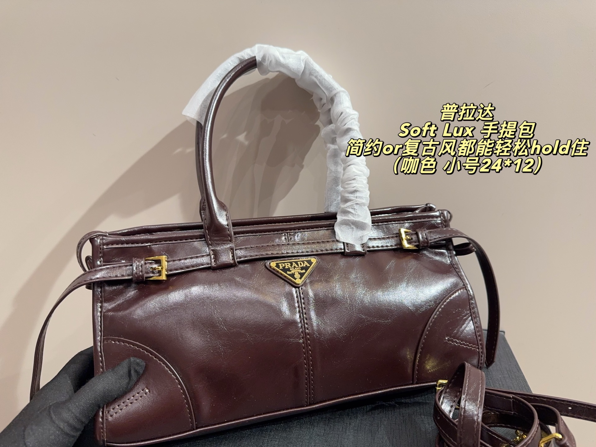 大号P165无盒⚠️尺寸32*14 小号P160无盒⚠️尺寸24*12 Prada 普拉达Soft Lux 手提包 柔软材质+经典三角Logo，低调又高级！短手柄设计，手提肩背都OK，通勤休闲都能驾驭✨。内部空间超能装，日常用品、小电器都能放下，实用又时髦。黑色质感满分，秋冬搭配深色系服饰超有范儿，简约or复古风都能轻松hold住，是功能与设计感兼具的时尚单品！