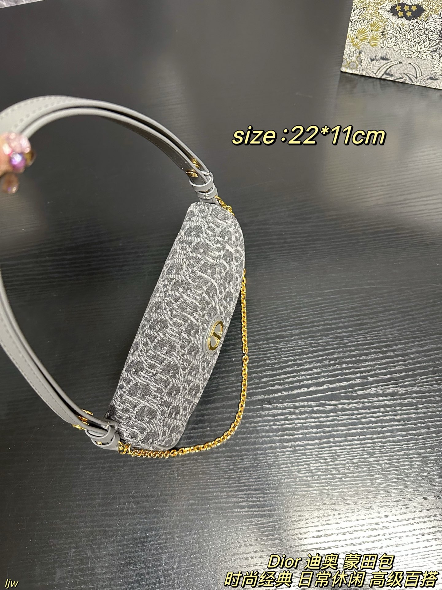 P165配盒 Dior 迪奥 蒙田包 迪奥新品，这只蒙田 D-Vine 真的越看越喜欢，白色老花提花带一点黑线细节，刚好是那种秋天的柔和质感，最可爱的是那个小狮子包挂！毛茸茸的、软软的，挂上去整只包都变得更俏皮～优雅和可爱这次全都拿捏住了🐾 尺寸：22*11cm