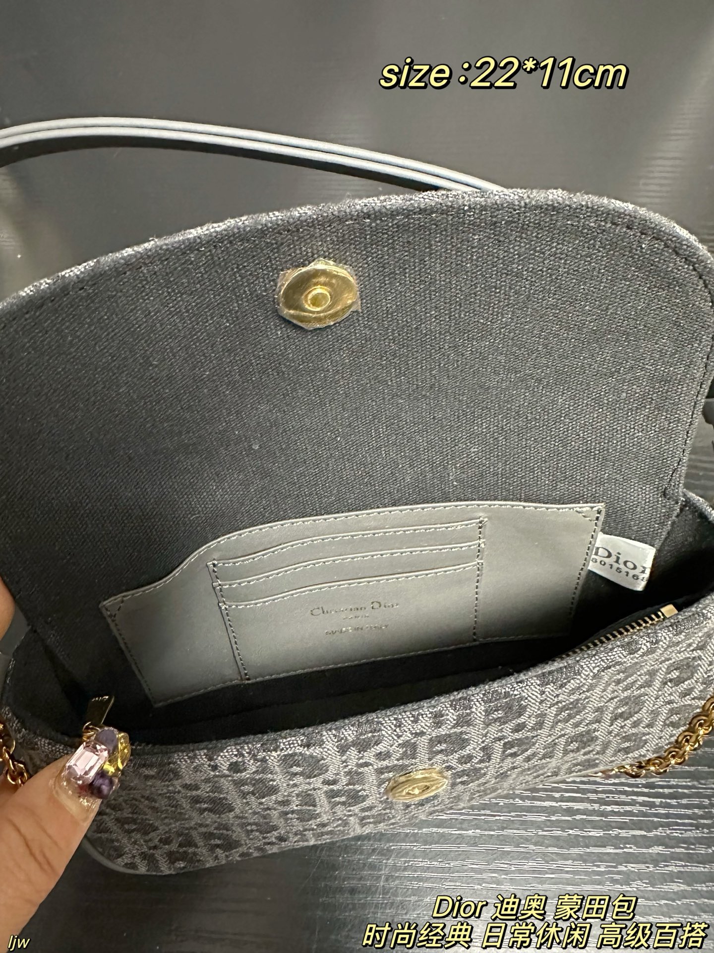 P165配盒 Dior 迪奥 蒙田包 迪奥新品，这只蒙田 D-Vine 真的越看越喜欢，白色老花提花带一点黑线细节，刚好是那种秋天的柔和质感，最可爱的是那个小狮子包挂！毛茸茸的、软软的，挂上去整只包都变得更俏皮～优雅和可爱这次全都拿捏住了🐾 尺寸：22*11cm