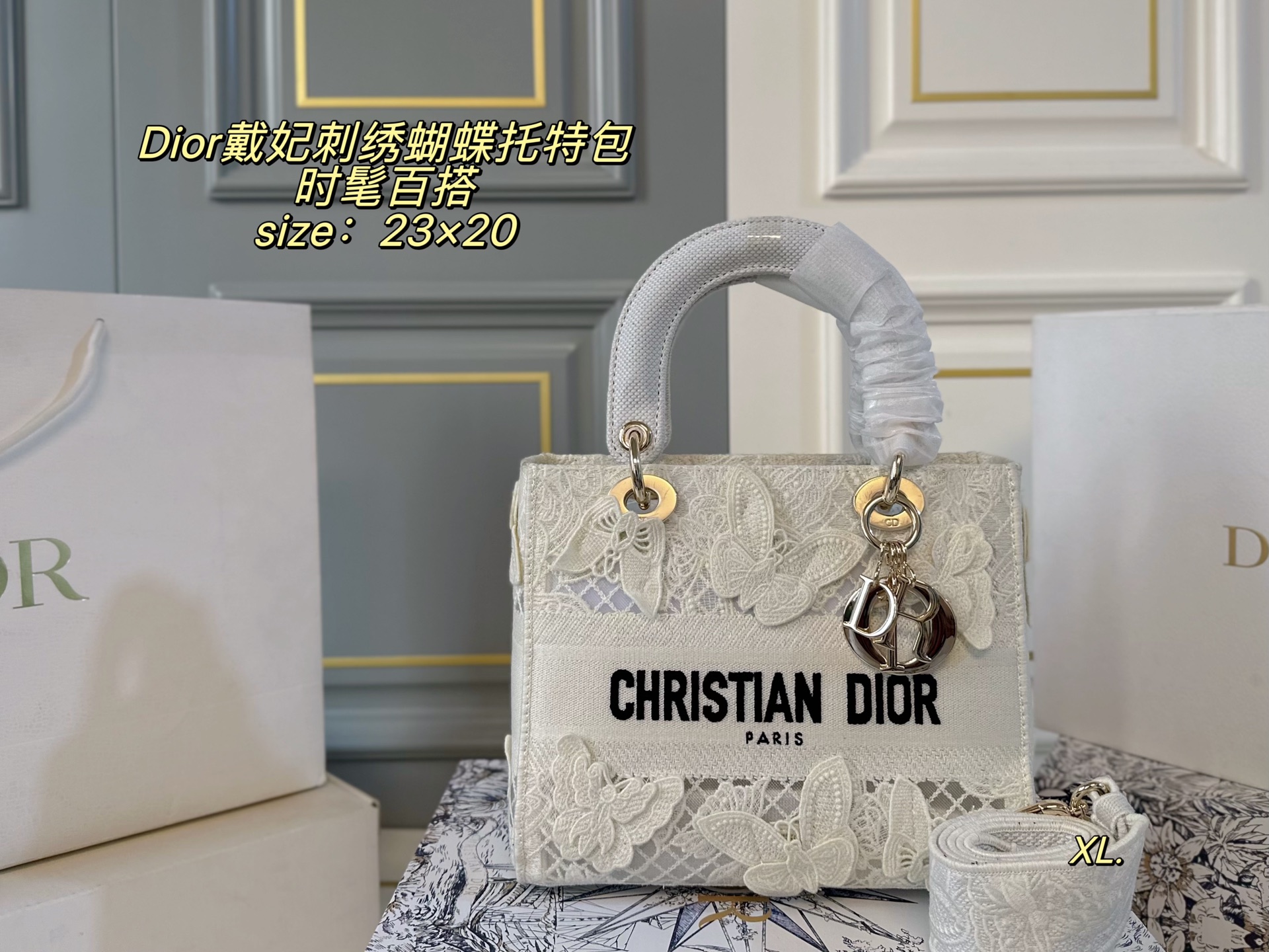 P285（折叠盒） size：23&times;20 Lady Dior 迪奥戴妃刺绣蝴蝶手提包💕 标志性刺绣logo搭配立体蝴蝶装饰 真的美翻了，氛围感瞬间拉满 时髦典雅的设计经久不衰！ 斜挎帅气大方，手提精致优雅！ 自带氛围感，时尚百搭yyds🖤