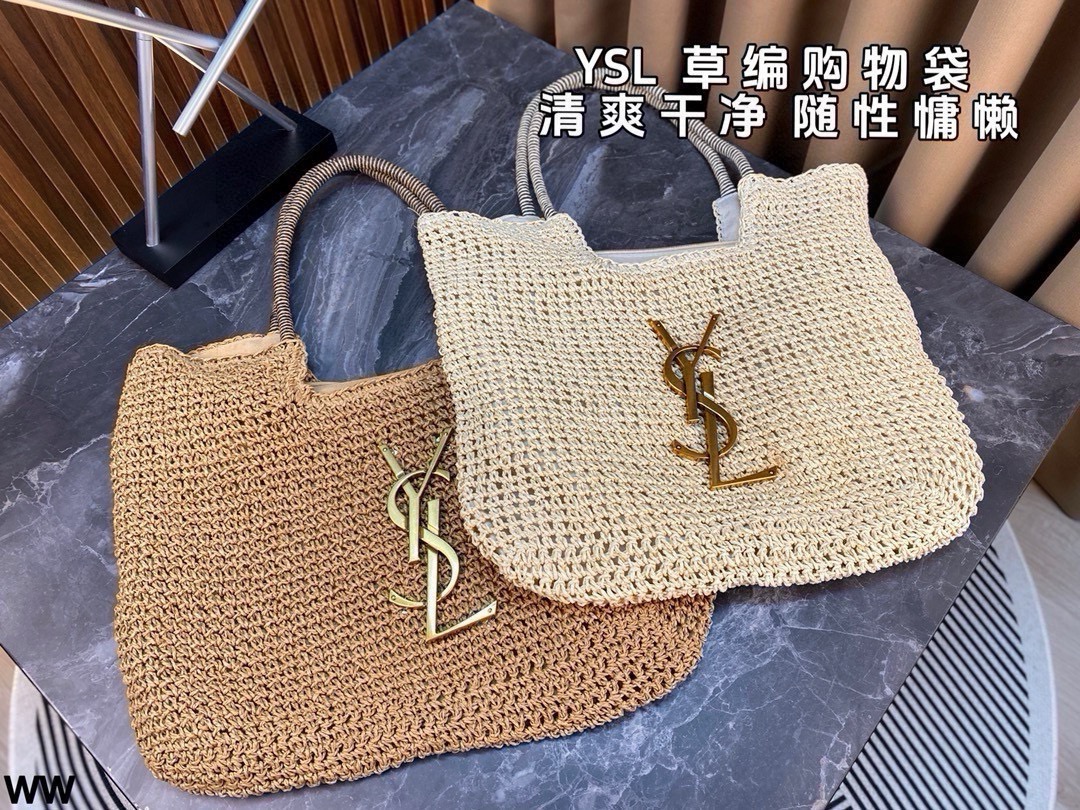 p105 配盒🎁 YSL圣罗兰 新品拉菲草 草编镂空购物袋 可手拎可单肩 随时充满度假感的包包！ 尺寸：45*31