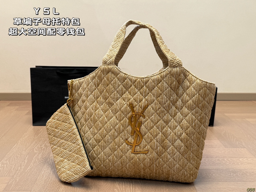 ¥180 YSL圣罗兰草编子母托特包💕 超大空间 配零钱包✔️ 大logo搭配草编工艺~ 别有一番风味 ,巨轻盈 慵懒随性,自在随心❗️❗️ 尺寸38 38