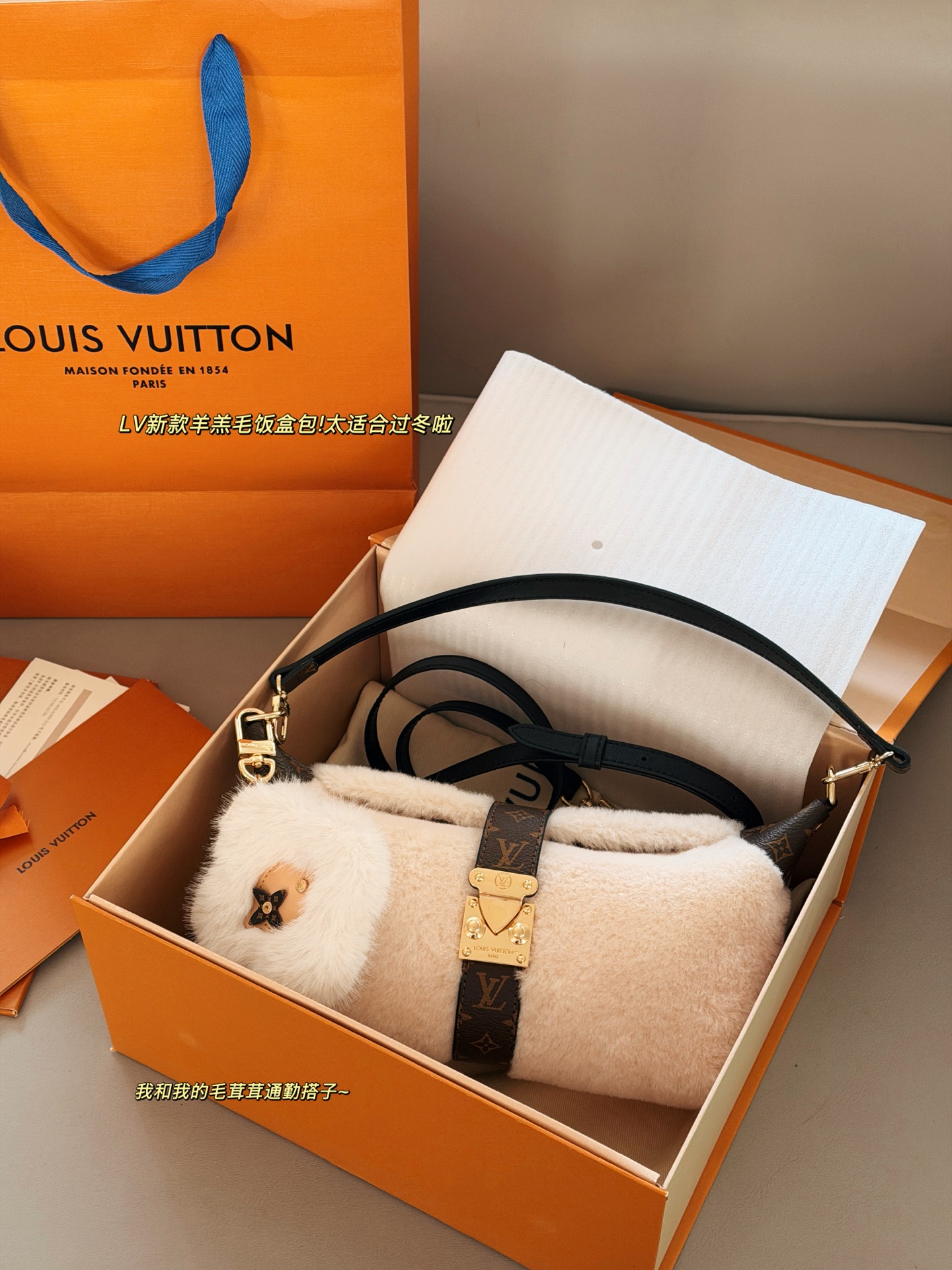 💰 180配盒 赠送挂件哦！ size：21.5*12cm L家 新款MIA饺子包 小小饭盒包拿捏 奶呼呼的毛绒包 摸起来像抱着一团云朵， 老花皮拼接+金属扣设计复古又高级 还有可爱的花朵挂饰加持 冬天背它出门，保暖又吸睛哦！