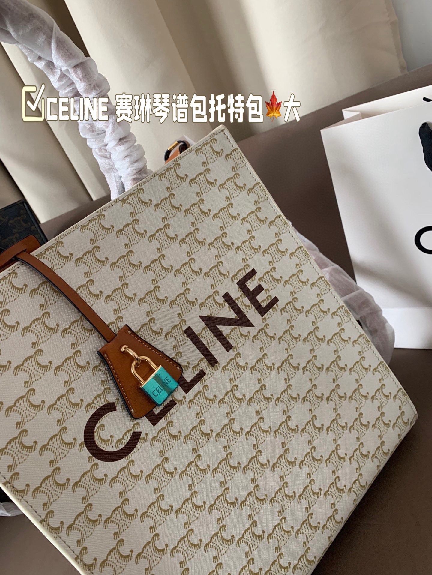 P130 大号(配盒) size:28&times;33 CELINE 赛琳老花琴谱包托特包💕 外形设计百看不厌，性价比超高✅ 摸起来质感超好，斜挎手拎都可爱！ 性价比很高✅，背上就是可爱精❣️