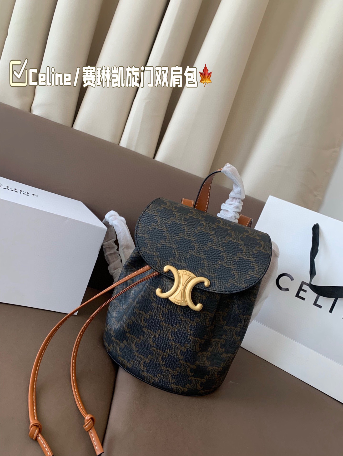 P150 Celine/赛琳TRIOMPHE 凯旋门老花双肩包Lisa同款 将复古元素与一向拿手的利落线条 尺寸18*23 折叠盒